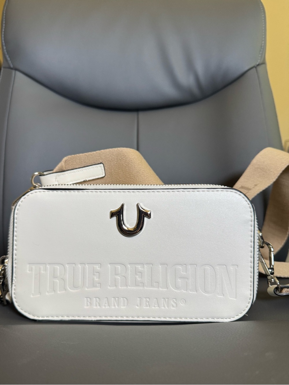 True Religion White Embossed Logo Crossbody with Tan Strap